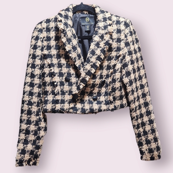 House of Harlow 1960 Jackets & Blazers - House of Harlow 1960 Houndstooth Double Breasted Tweed Cropped Blazer Fray Crop